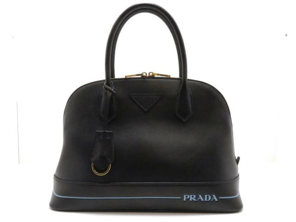 Prada black City Calf Mirage Satchel smooth leather accent stripe logo